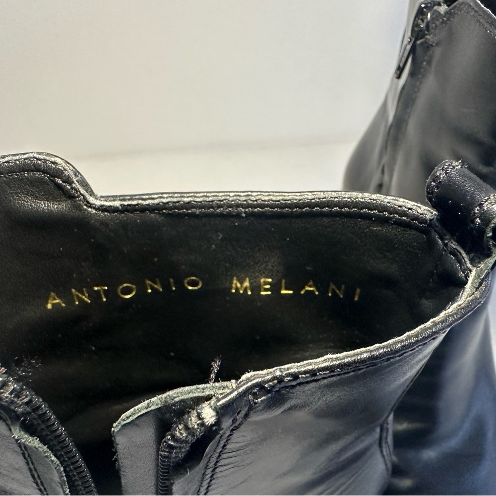 Antonio Melani Heels Black Leather Booties 3” Heel Y2K Chunky Square Toe - Picture 8 of 12